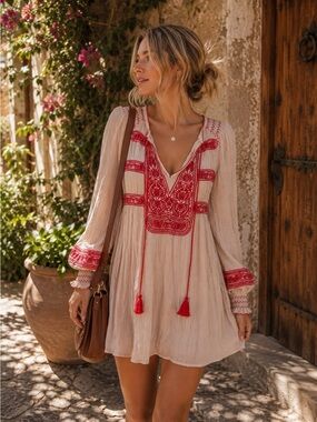 Free People Embroidered Boho Tunic Dress Medium Beige Red Tassel Festival Mini